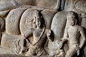 Mamallapuram - Tamil Nadu. the Mahishamardhini cave. The panel of Vishnu recumbent on serpent coils